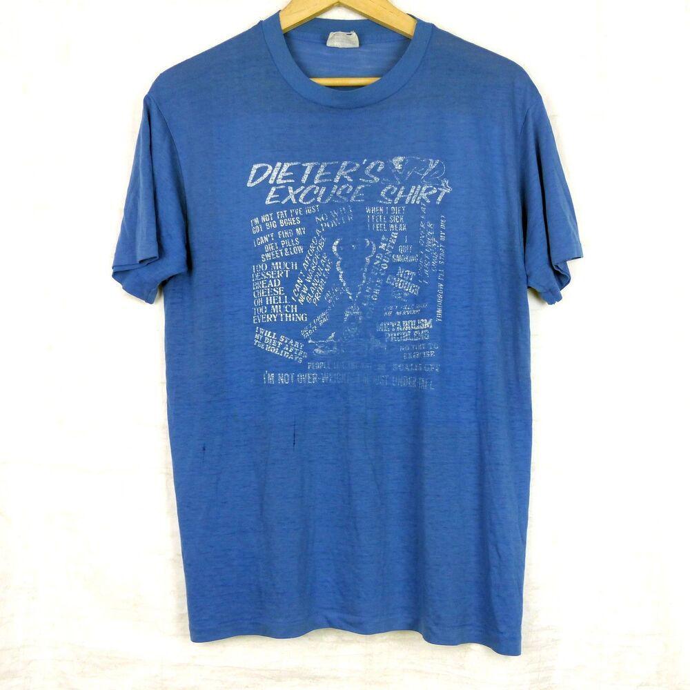 Vintage Dieters Excuse Shirt Tee Single Stitch Paper Thin Sheer USA XL Blue 80s